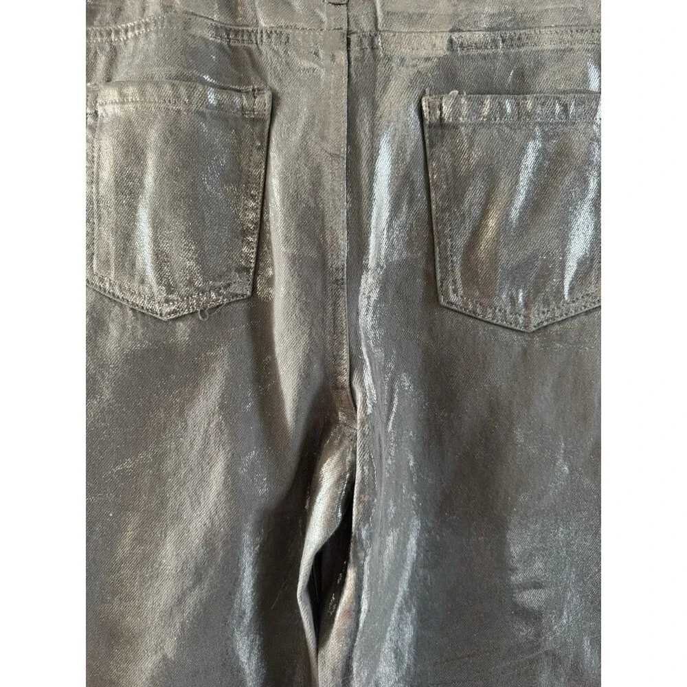 Gianni Bini Girls Foiled Metallic Denim Pants gray silver straight wide legs 16
